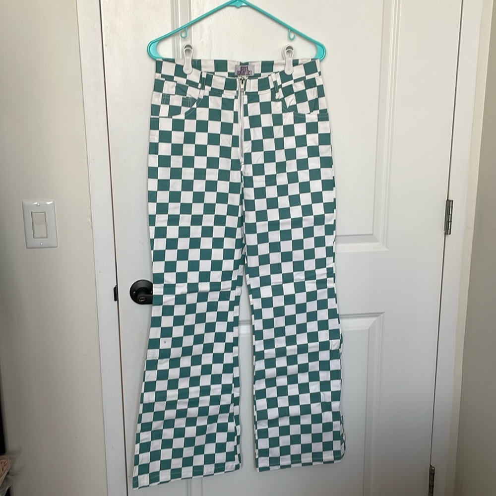 A teal and white checkered slightly flare pants
